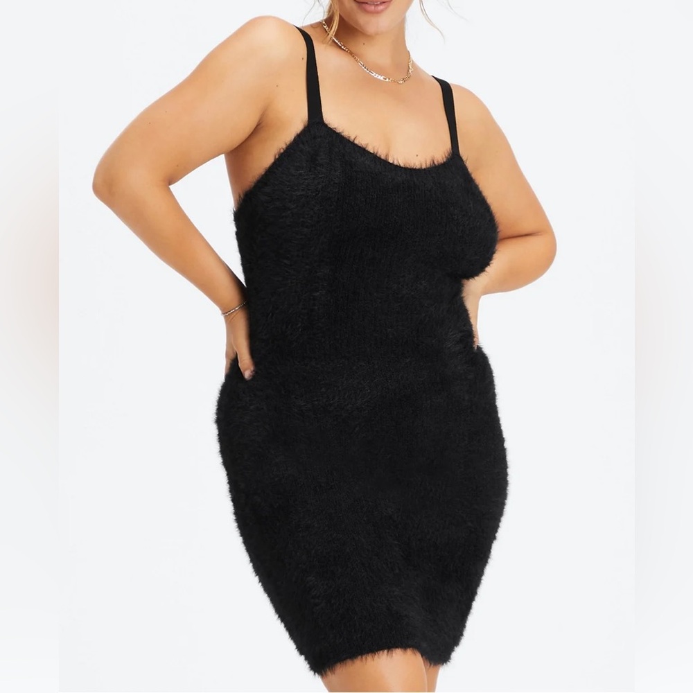Fabletics Alt Black Bodycon Plush 90’s Mini Dress Thin Straps LBD Goth